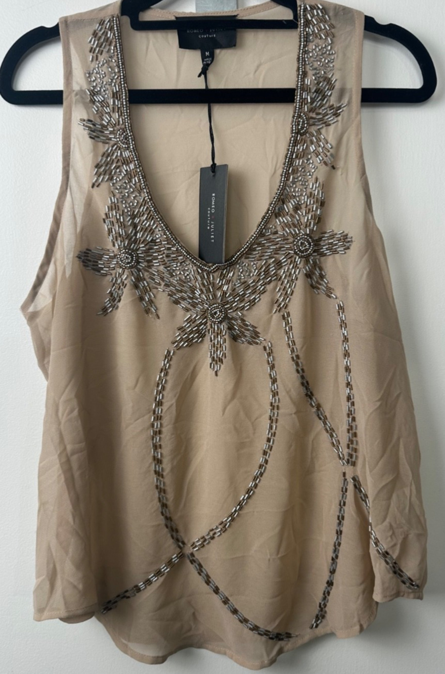 NWT Romeo + Juliet Couture M Rayon Top Tank Beaded Beige Lined Boho $85 D45